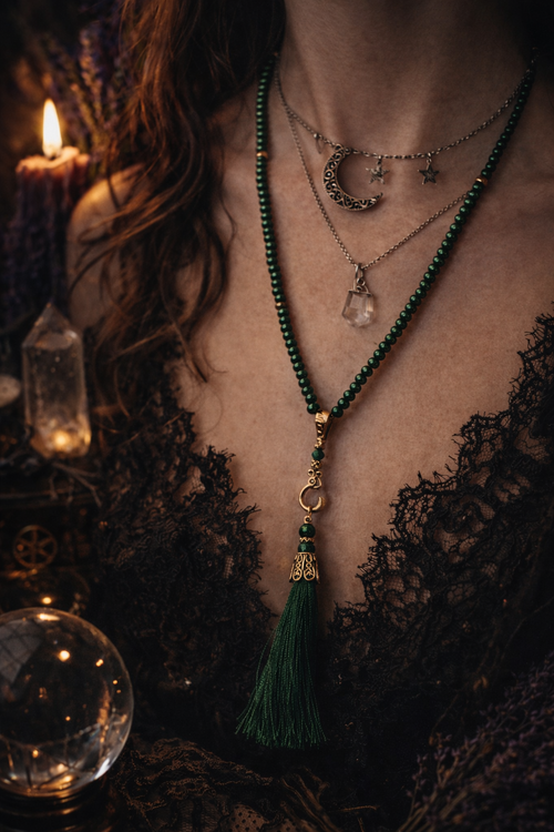 Boho Green Beaded Tassel Necklace | Vintage-Inspired Statement Piece