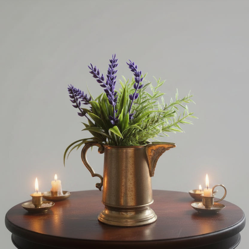 Vintage Style Metal Pitcher Vase with Lavender Arrangement