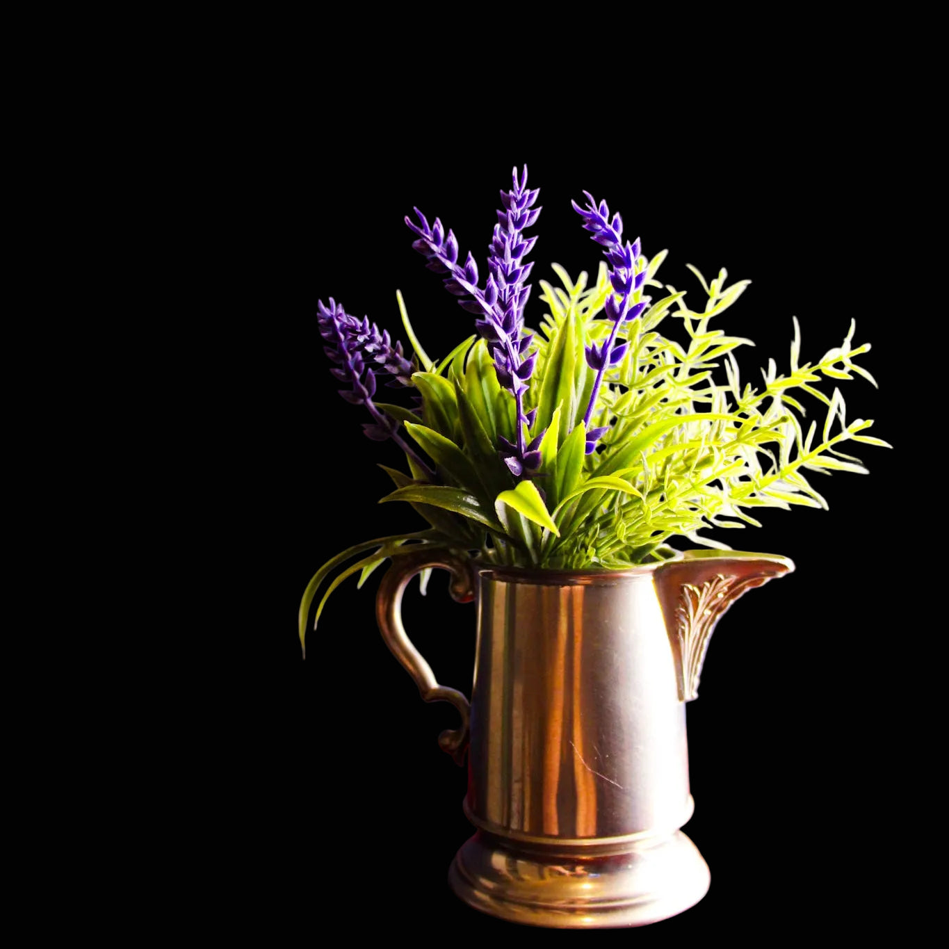 Vintage Style Metal Pitcher Vase with Lavender Arrangement