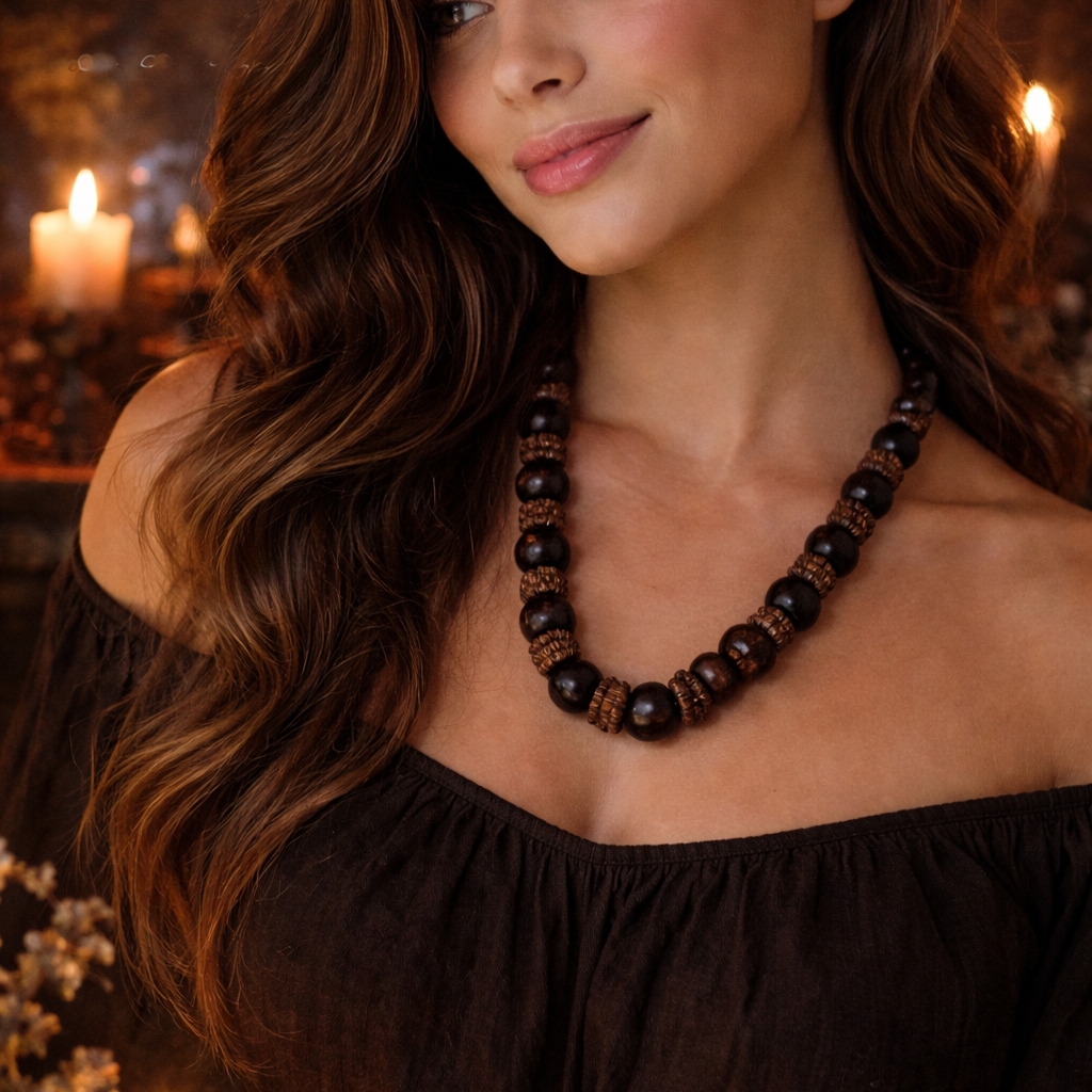 Dark Wood Beaded Necklace